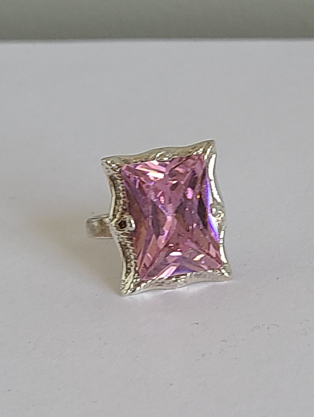 Vintage Boho Mexico Sterling Silver Radiant Square Pink Crystal Cocktail Ring